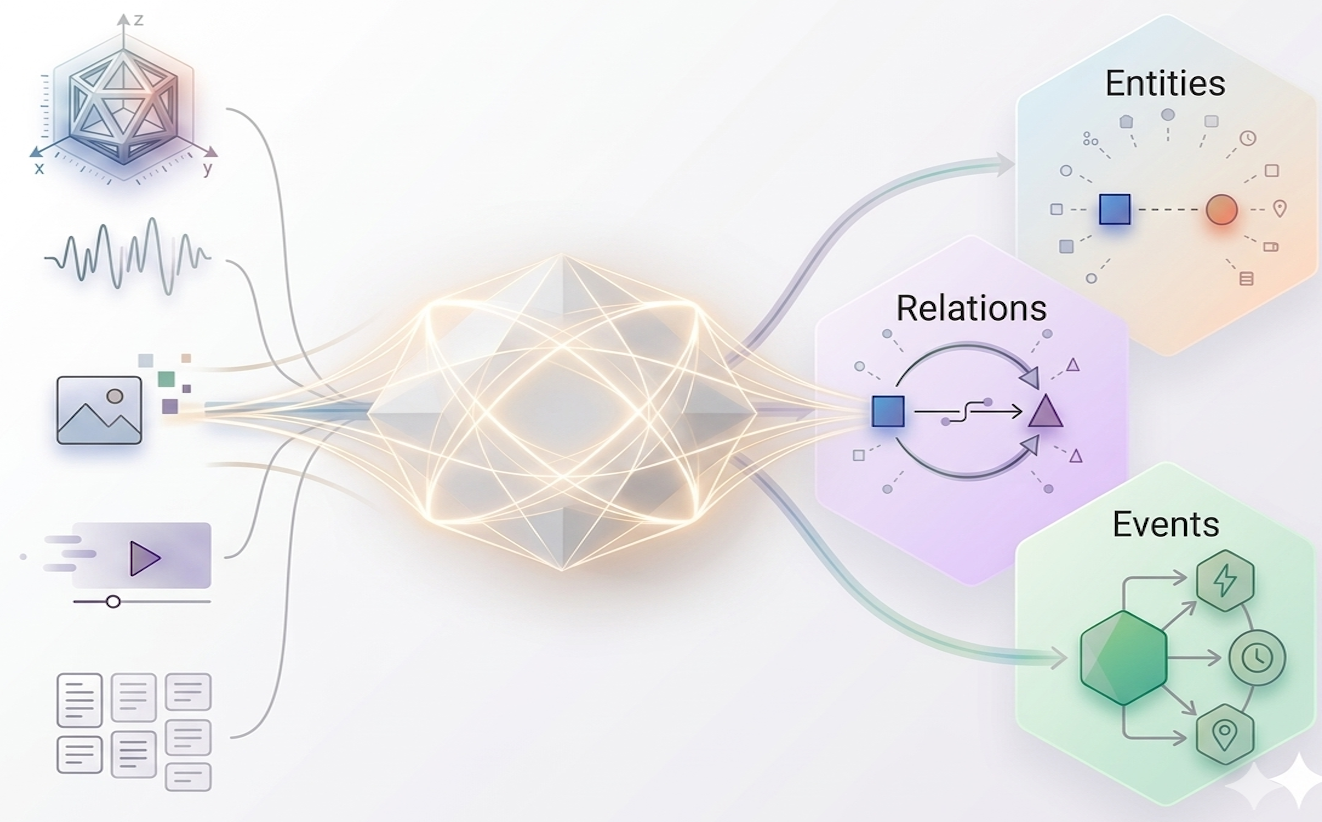 A unified multimodal information extraction concept figure connecting diverse modalities to entities, relations, and events.